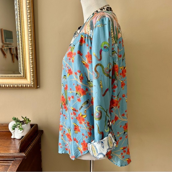 La Prestic Ouiston Romee Silk Blouse Popover Top Mixed Print Bird Snake Leopard - Picture 5 of 16